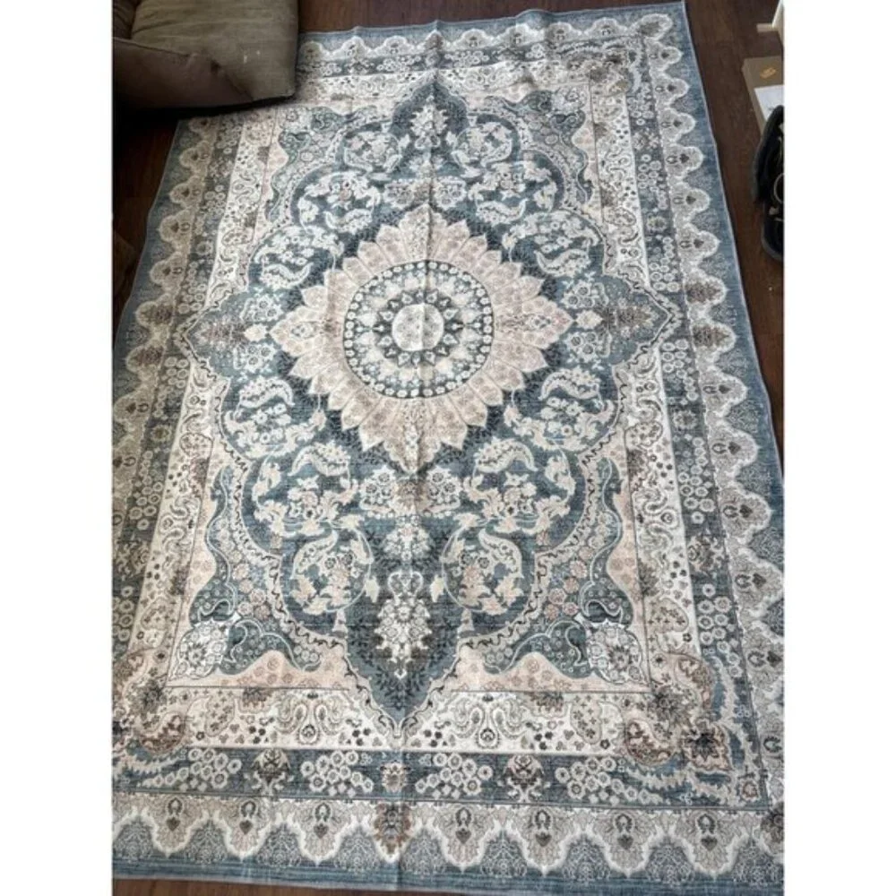 New 6x9 Blue Vintage Washable Rug Non-Slip Low Pile Carpet for Home & Room